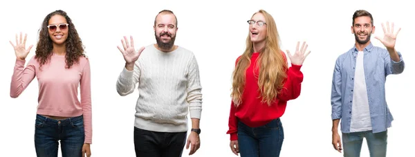 Collage Groupe Jeunes Sur Fond Blanc Isolé Montrant Pointant Vers — Photo