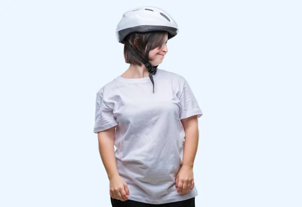 Giovane Donna Ciclista Adulta Con Sindrome Indossando Casco Sicurezza Sfondo — Foto Stock