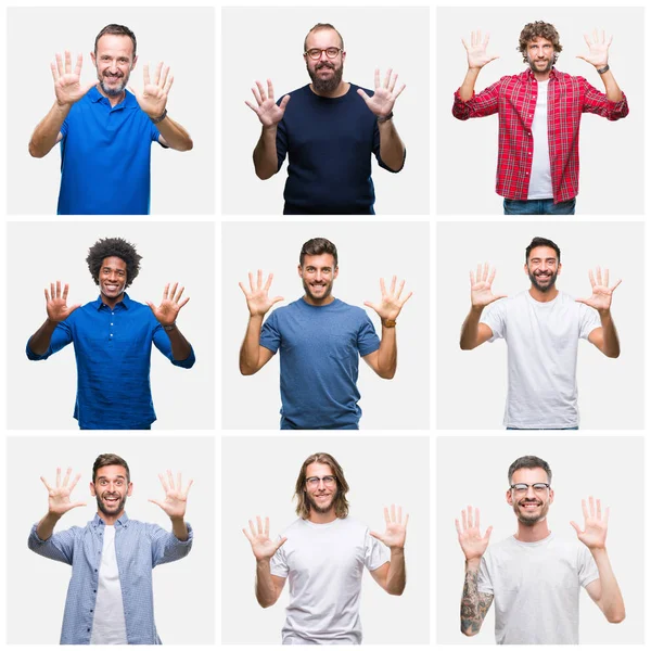 白い分離背景表示と指で上向きに男性のグループのコラージュ番号 自信を持って 幸せな笑みを浮かべて — ストック写真