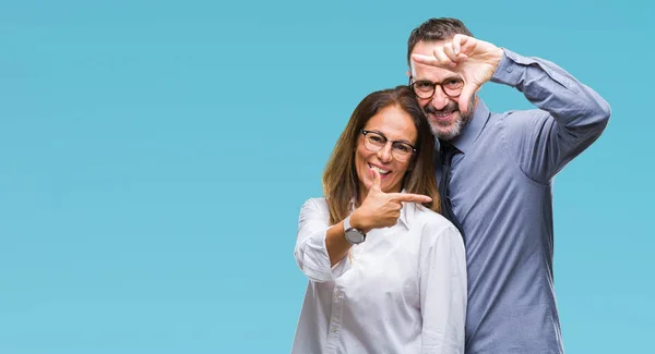 Middle Age Hispanic Couple Love Wearing Glasses Isolated Background Smiling — Stock Photo, Image