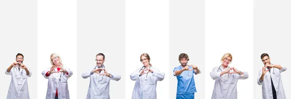 Collage Médicos Profesionales Sobre Rayas Fondo Aislado Sonriendo Amor Mostrando —  Fotos de Stock