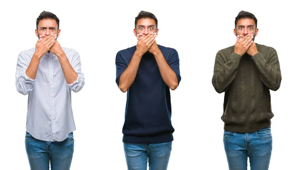 Collage Handsome Young Indian Man Isolated Background Shocked Covering Mouth — Stock Photo, Image