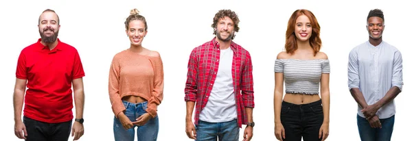 Collage Van Groep Jongeren Kleurrijke Geïsoleerde Achtergrond Met Een Gelukkig — Stockfoto