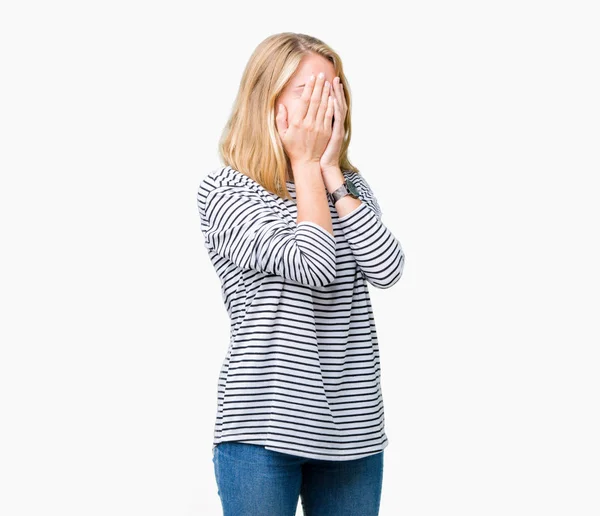 Mulher Bonita Usando Listras Camisola Sobre Fundo Isolado Com Expressão — Fotografia de Stock