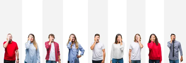 Collage Diferentes Etnias Jóvenes Sobre Rayas Blancas Fondo Aislado Que — Foto de Stock