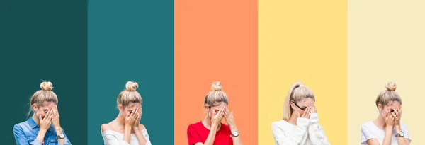 Collage Unga Vackra Blonda Kvinnan Över Levande Färgglada Vintage Ränder — Stockfoto
