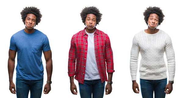 Collage Afroamerikanska Ung Stilig Man Över Isolerade Bakgrund Pustande Kinder — Stockfoto
