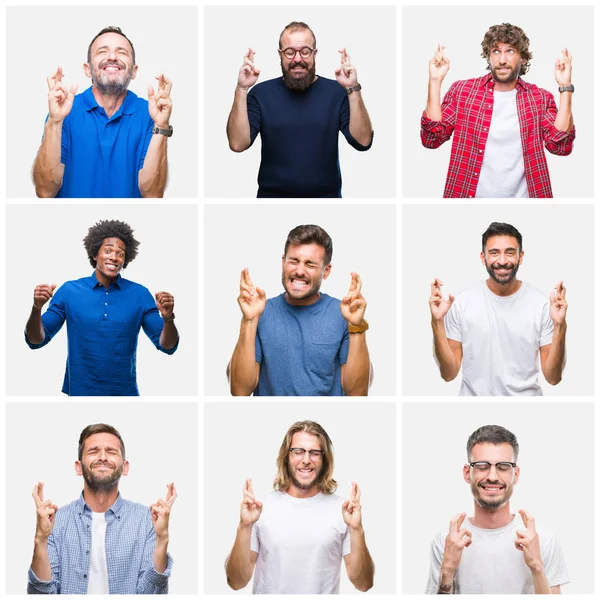 Collage Gruppo Uomini Sfondo Bianco Isolato Sorridente Incrociando Dita Con — Foto Stock