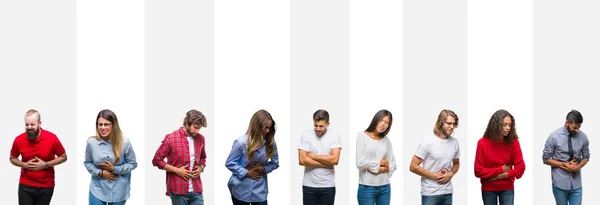 Collage Diferentes Etnias Jóvenes Sobre Rayas Blancas Aislados Fondo Con — Foto de Stock