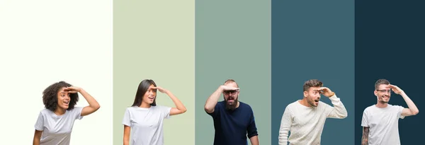 Collage Grupp Ungdomar Över Färgglada Isolerade Bakgrund Mycket Glad Och — Stockfoto