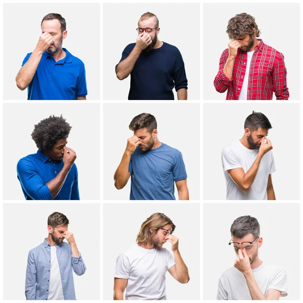 Колаж Групи Чоловіків Над Білим Ізольованим Тлом Втомився Від Натирання — стокове фото