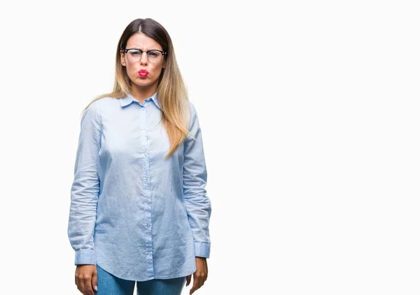 Joven Mujer Negocios Hermosa Con Gafas Sobre Fondo Aislado Hinchando — Foto de Stock