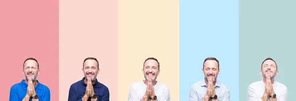 Renkli Çizgili Izole Arka Plan Birlikte Emin Gülümseyen Bağışlanmak Ellerle — Stok fotoğraf