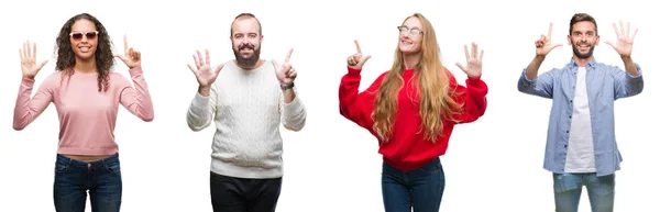 Collage Van Groep Jongeren Witte Geïsoleerde Achtergrond Weergeven Met Vingers — Stockfoto