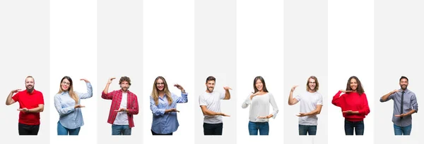 Collage Different Ethnics Young People White Stripes Isolated Background Gesturing — Stock Photo, Image