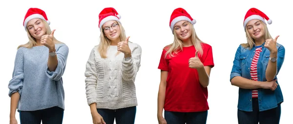 Collage Einer Jungen Schönen Blonden Frau Mit Weihnachtsmütze Über Weißem — Stockfoto