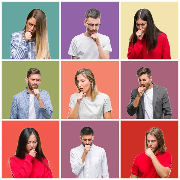Collage Persone Gruppo Donne Uomini Sfondo Colorato Isolato Sensazione Malessere — Foto Stock