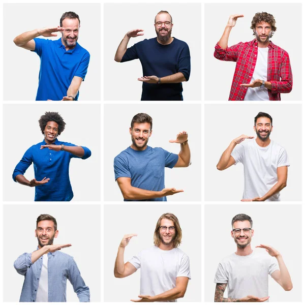 Collage Grupp Män Över Vit Isolerade Bakgrund Gestikulerande Med Händer — Stockfoto