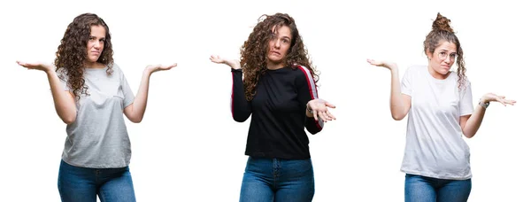 Collage Joven Morena Pelo Rizado Chica Sobre Fondo Aislado Expresión — Foto de Stock