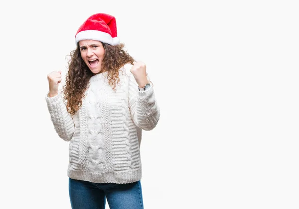 Giovane Ragazza Bruna Indossa Cappello Natale Sfondo Isolato Molto Felice — Foto Stock