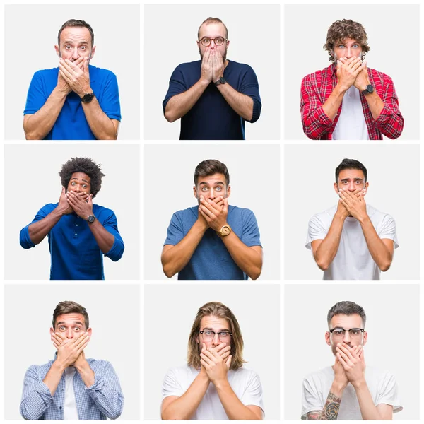 Collage Van Groep Mannen Witte Geïsoleerde Achtergrond Geschokt Mond Met — Stockfoto