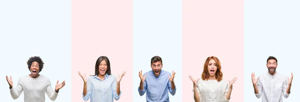 Collage Grupp Ungdomar Över Färgglada Isolerade Bakgrund Firar Crazy Och — Stockfoto