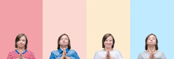 Koláž Downův Syndrom Ženy Barevné Pruhy Izolované Pozadí Modlí Rukama — Stock fotografie