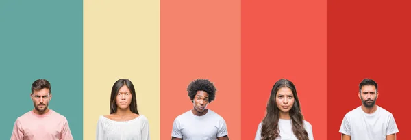 Colagem Diferentes Etnias Jovens Sobre Listras Coloridas Fundo Isolado Cético — Fotografia de Stock