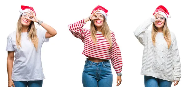 Colagem Jovem Mulher Bonita Vestindo Chapéu Natal Sobre Fundo Isolado — Fotografia de Stock