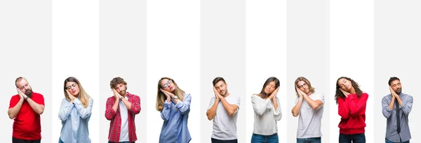Collage Diverse Etnie Giovani Strisce Bianche Sfondo Isolato Sonno Stanco — Foto Stock