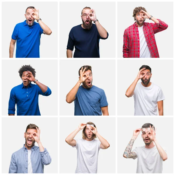 Collage Van Groep Mannen Witte Geïsoleerde Achtergrond Doen Gebaar Geschokt — Stockfoto