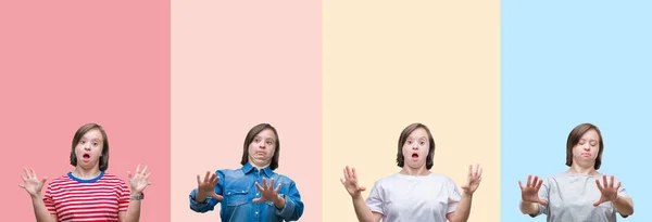 Collage Del Síndrome Mujer Sobre Rayas Colores Aislado Fondo Miedo — Foto de Stock