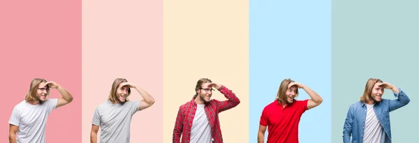 Colagem Homem Bonito Jovem Sobre Listras Coloridas Fundo Isolado Muito — Fotografia de Stock