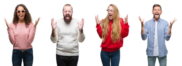 Collage Gruppo Giovani Sfondo Bianco Isolato Che Celebrano Pazzo Pazzo — Foto Stock