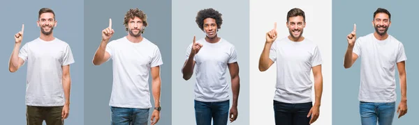 Yakışıklı Spanyol Grup Hint Arap Erkekler Üzerinde Gösterilen Parmak Gülümseyen — Stok fotoğraf