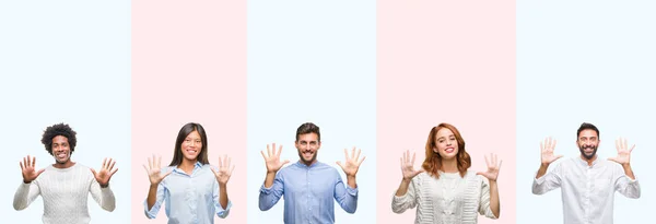 Collage Van Groep Jongeren Kleurrijke Geïsoleerde Achtergrond Weergeven Met Vingers — Stockfoto