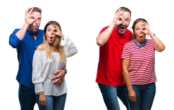Collage Young Mature Couple Love Isolated Background Doing Gesture Shocked — Stock Photo, Image