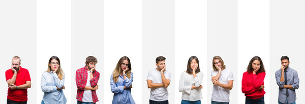 Collage of different ethnics young people over white stripes isolated background thinking looking tired and bored with depression problems with crossed arms.