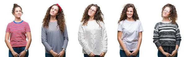 Collage Joven Morena Pelo Rizado Chica Sobre Fondo Aislado Sonriendo —  Fotos de Stock