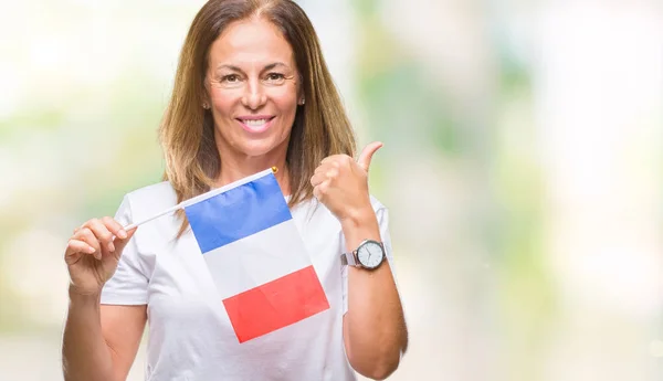 Mulher Hispânica Meia Idade Segurando Bandeira França Sobre Fundo Isolado — Fotografia de Stock