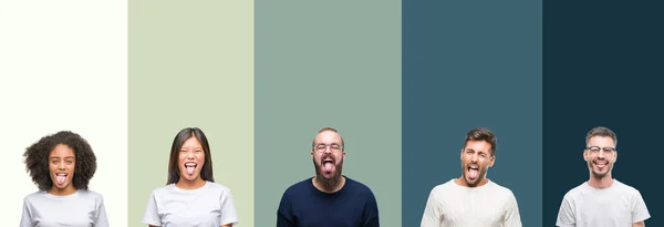 舌を付着カラフルな孤立した背景に若者のグループのコラージュを面白い表現に満足 感情の概念 — ストック写真