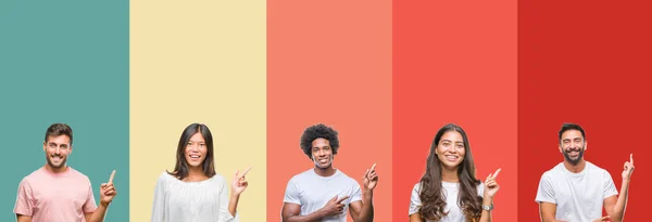 Collage Different Ethnics Young People Colorful Stripes Isolated Background Big — Stock Photo, Image