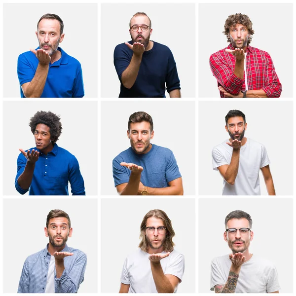 Collage Grupo Hombres Sobre Fondo Blanco Aislado Mirando Cámara Soplando — Foto de Stock