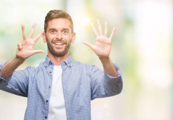 Jonge Knappe Man Dragen Witte Shirt Geïsoleerde Achtergrond Weergeven Met — Stockfoto