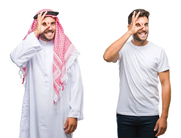 ハンサムな若い男と手の笑顔 幸せそうな顔で指を通して見る目で のジェスチャーを行う分離の背景上のアラブ人のコラージュ — ストック写真