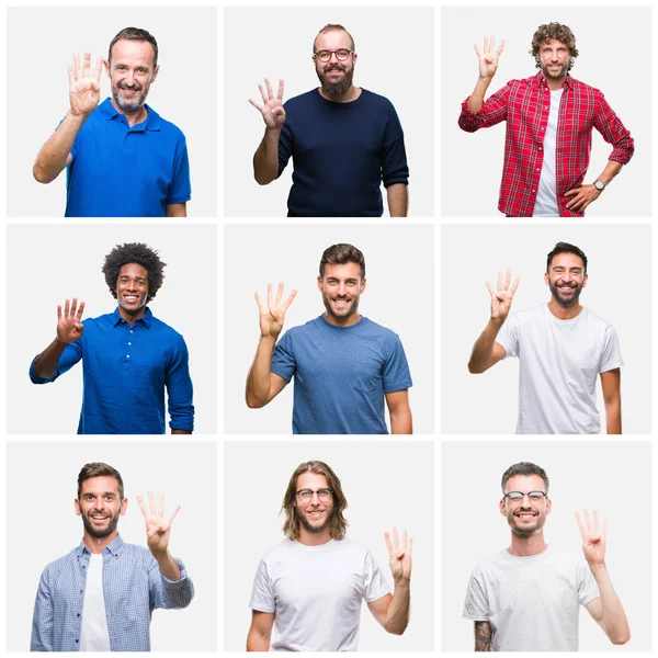 白い分離背景表示と指で上向きに男性のグループのコラージュ数は自信を持って 幸せな笑みを浮かべている間 — ストック写真