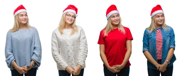 Коллаж Молодой Красивой Блондинки Рождественской Шляпе Белой Изолированной Backgroud Глядя — стоковое фото