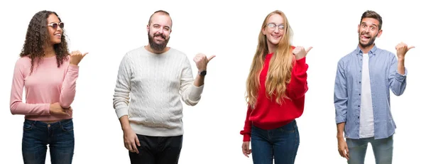 Collage Grupo Jóvenes Sobre Fondo Blanco Aislado Sonriendo Con Cara —  Fotos de Stock