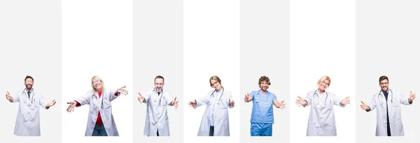 Collage Médicos Profesionales Sobre Rayas Fondo Aislado Mirando Cámara Sonriendo — Foto de Stock