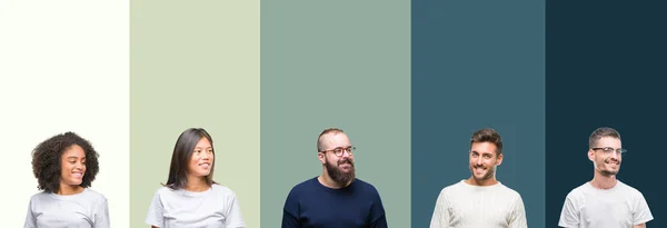 Collage Grupp Ungdomar Över Färgglada Isolerade Bakgrund Tittar Bort Till — Stockfoto